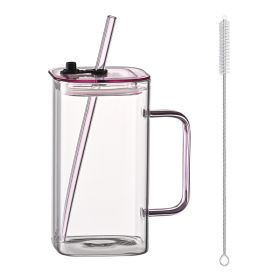 1 Pcs Pink Glass Straw Cup, 4 Colors Square Glass Cup With Straw And Lid, High Borosilicate Glass Cup, Milk Cup, Juice Cup, Cold Drink Cup, Coffee Cup (Option: Pink)