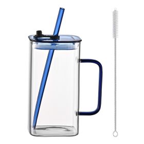 1 Pcs Blue Glass Straw Cup, 4 Colors Square Glass Cup With Straw And Lid, High Borosilicate Glass Cup, Milk Cup, Juice Cup, Cold Drink Cup, Coffee Cup (Option: Blue)