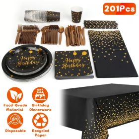 201PCS Black Gold Birthday Party Supplies For 25 Guests Happy Birthday Disposable Dinnerware Set Paper Plates 9OZ Cups Straws Napkins Forks Knives Spo (Option: as picture)